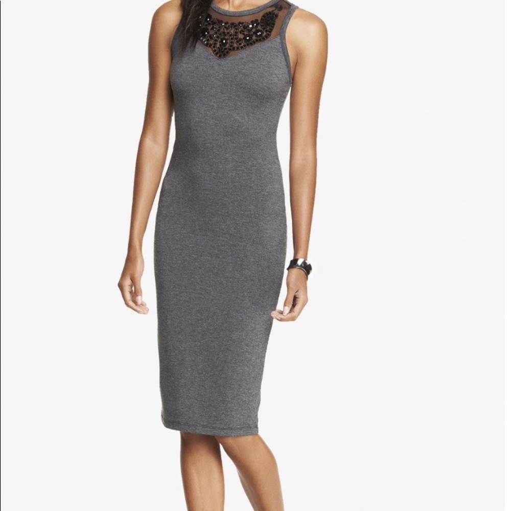 NWT Express Gray Embellished Midi Bodycon  Dress